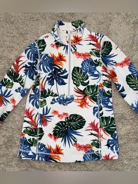 Tommy Bahama Tropical Floral Half-Zip Pullover - White with Multi Leaf Print